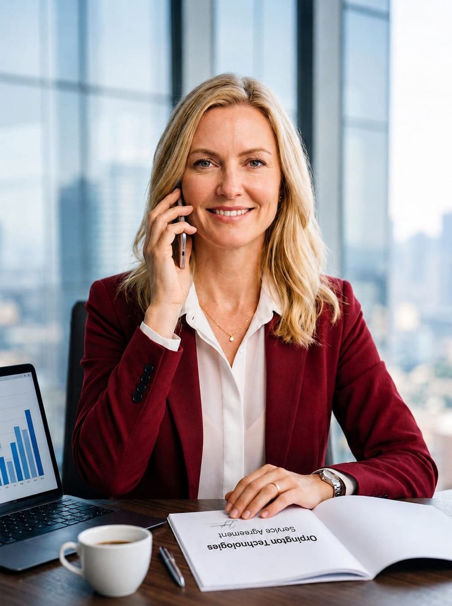 Executive confirming next steps by phone with the signed Orpington Technologies service agreement on her desk