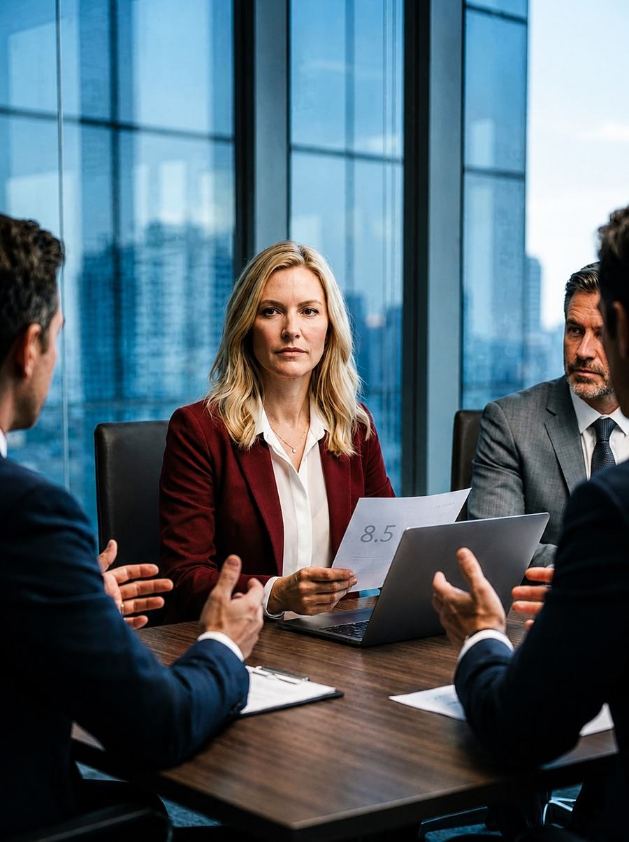 Board meeting — executive presenting an 8.5 confidence score to leadership
